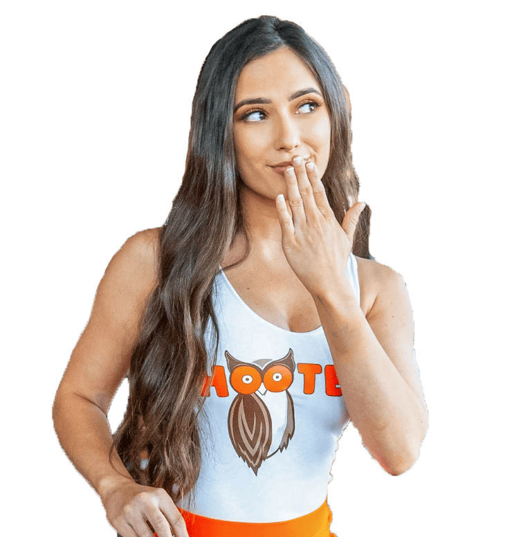 Hooters Girl with hand over mouth